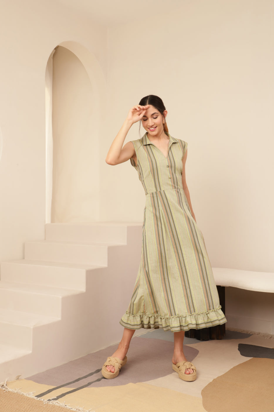 Shirt Collar Green Striped Ruffle Hem Dress Sanaita