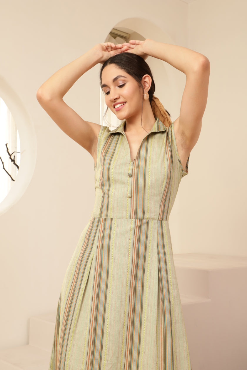 Shirt Collar Green Striped Ruffle Hem Dress Sanaita