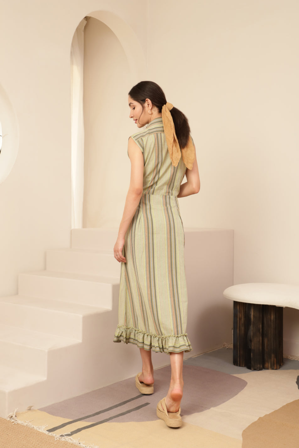 Shirt Collar Green Striped Ruffle Hem Dress Sanaita